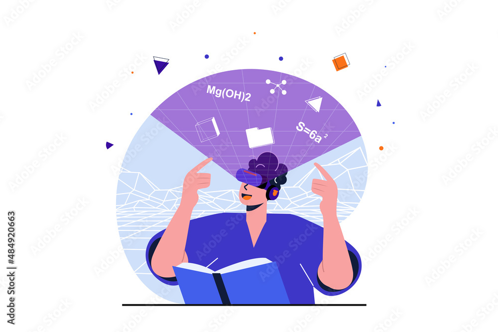 Fototapete Cyberspace modern flat concept for web banner design. Man in VR glasses studying book and gaining knowledge in augmented virtual reality simulation. Vector illustration with isolated people scene