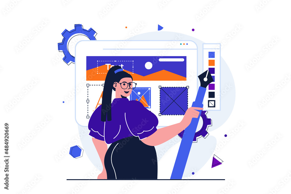 Poster designer studio modern flat concept for web banner design. woman illustrator holding pen, drawing gr