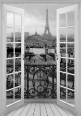 View of the city from the window. Paris, Eiffel Tower. View from the balcony of Paris. Photo wallpapers for the interior. - 484920606