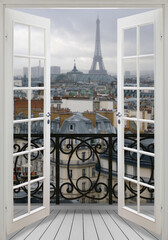 View of the city from the window. Paris, Eiffel Tower. View from the balcony of Paris. Photo...