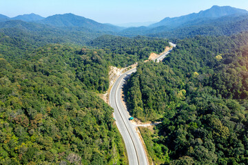Aerial view of traffic on the road in mountains.