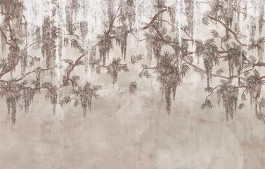 Fototapeten vintage photo wallpaper which depicts branches with flowers with worn elements © Viktorious_Art