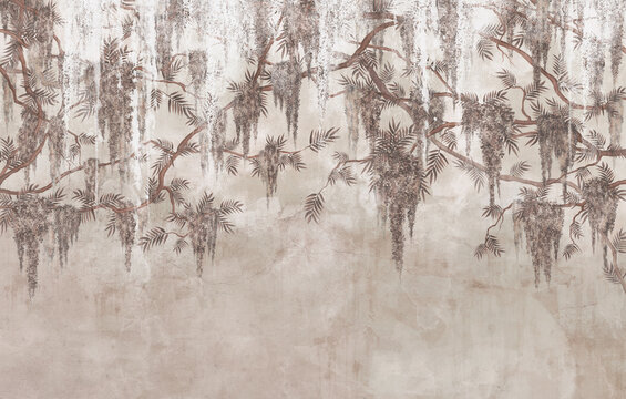 vintage photo wallpaper which depicts branches with flowers with worn elements © Viktorious_Art