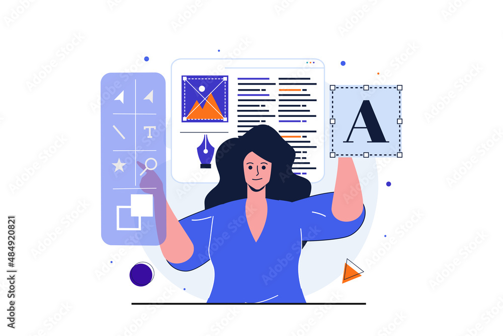 Poster Designer studio modern flat concept for web banner design. Female developer works on layout of site, selects and places graphic elements, creates fonts. Vector illustration with isolated people scene