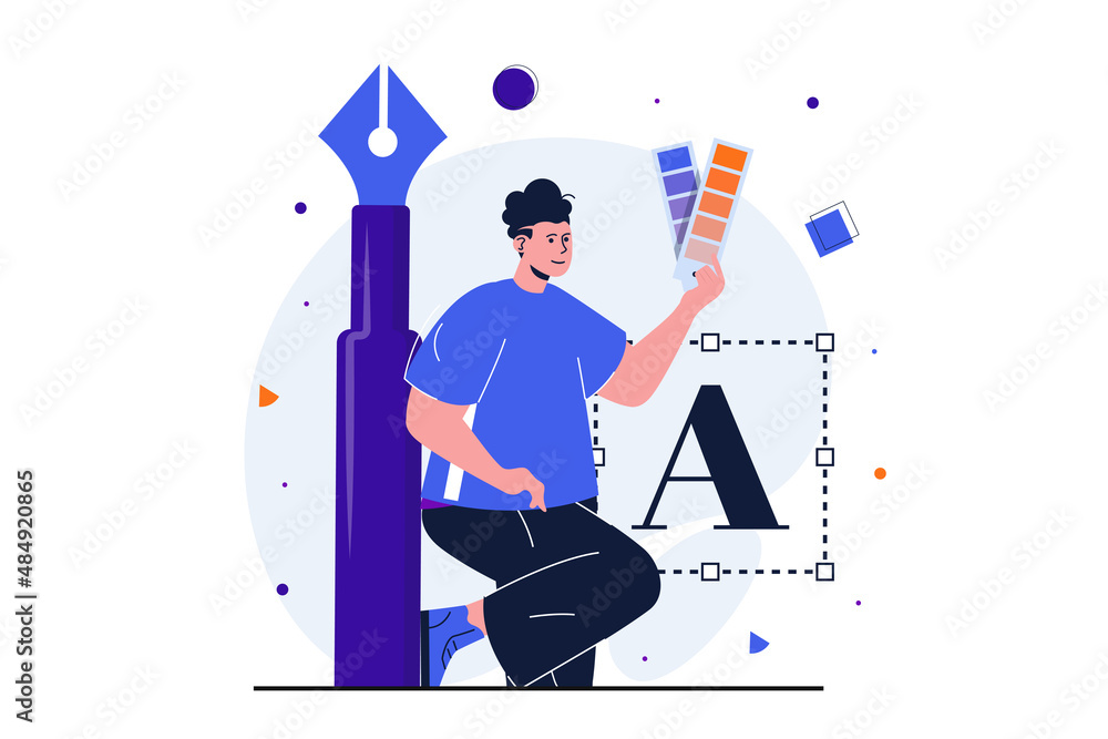 Aufkleber designer studio modern flat concept for web banner design. man illustrator stands near artist workin