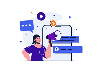 Digital marketing modern flat concept for web banner design. Woman with megaphone makes advertising mailings in chats and online business promotion. Vector illustration with isolated people scene