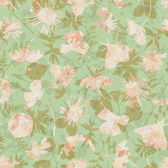 Floral seamless pattern with plants and blooming flowers in collage technique. Vintage colorful  background.