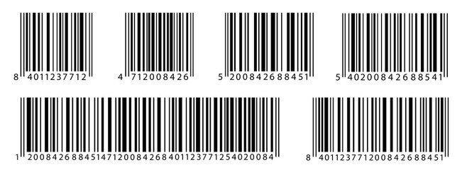 Barcode icon set. Scan bar label. Barcodes product distribution icon. Codes stripe sticker and product inventory badge. Scanning barcode concept. Concept industrial bar code pictogram - stock vector. - obrazy, fototapety, plakaty