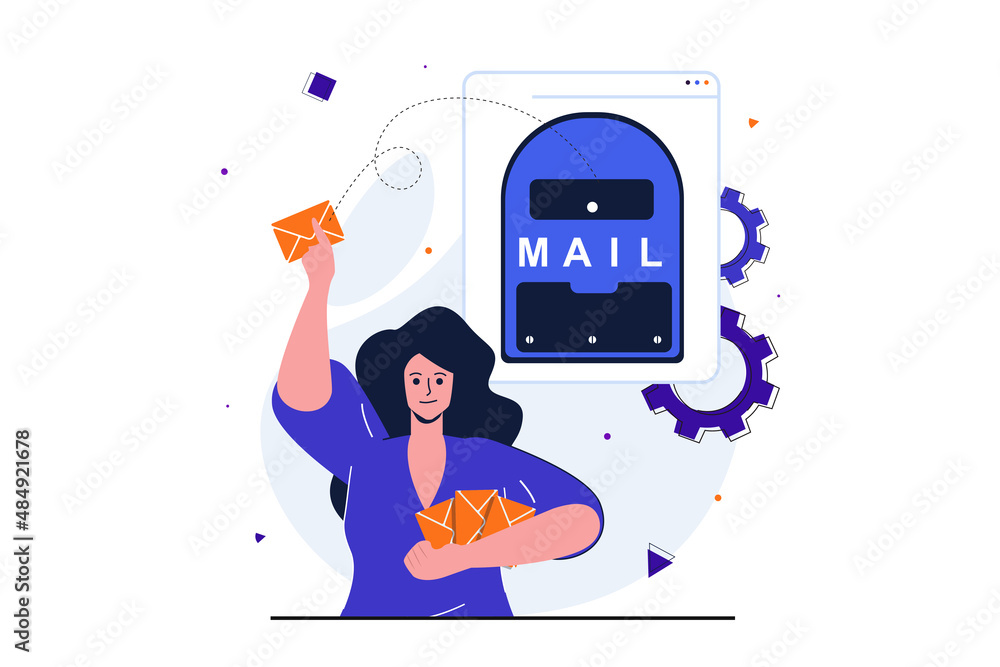 Poster email service modern flat concept for web banner design. woman marketer makes mass promotion or info