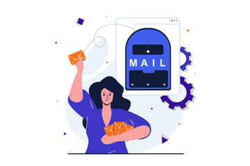 Email service modern flat concept for web banner design. Woman marketer makes mass promotion or informational mailing and sends envelopes to mailbox. Vector illustration with isolated people scene