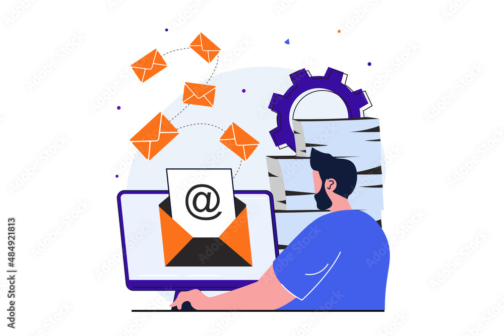 Aufkleber email service modern flat concept for web banner design. man reads and responds to incoming letters 