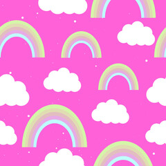 pattern with rainbows with clouds on a pink background. pattern for baby textile. vector illustration, eps 10.