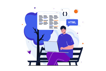Freelance working modern flat concept for web banner design. Male developer programs and works with code on laptop while sitting on bench in park. Vector illustration with isolated people scene
