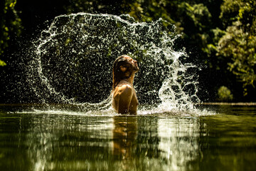 Male tourist enjoying vacation in lake water