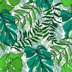 Vector Palm beach tree leaves jungle botanical. Black and white engraved ink art. Seamless background pattern.
