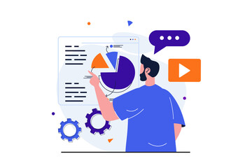 Marketing modern flat concept for web banner design. Male marketer analyzes charts and project data report, develops and optimizes advertising strategy. Vector illustration with isolated people scene