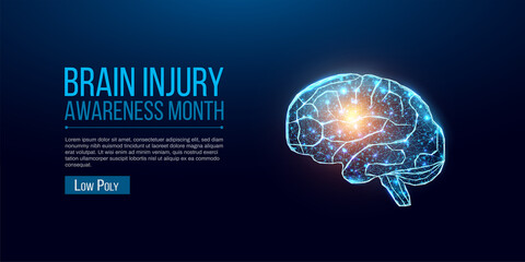 Brain injury awareness month concept with glowing low poly brain. Wireframe low poly style. Abstract modern 3d vector illustration on dark blue background