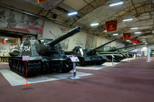 Soviet and German tanks of World War II in the tank hall at the Patriot Park Museum. Moscow. Russia.