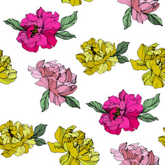 Vector Pink and yellow peony flower. Engraved ink art. Seamless background pattern. Fabric wallpaper print texture.