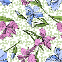 Vector Pink and blue iris floral botanical flower. Engraved ink art. Seamless background pattern.