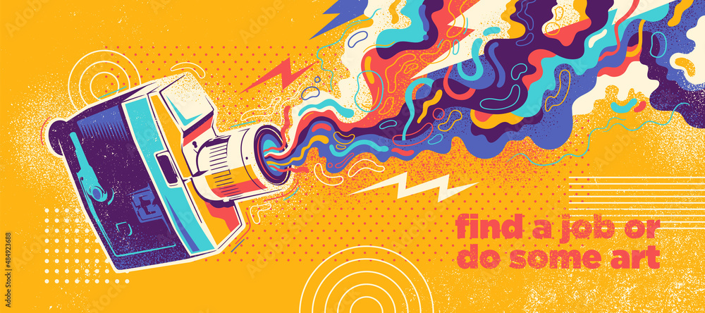 Poster modish background design in abstract style with retro camera and colorful splashing shapes. vector i