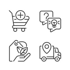 Online shopping services pixel perfect linear icons set. Delivery regions. Ecofriendly product. Customizable thin line symbols. Isolated vector outline illustrations. Editable stroke