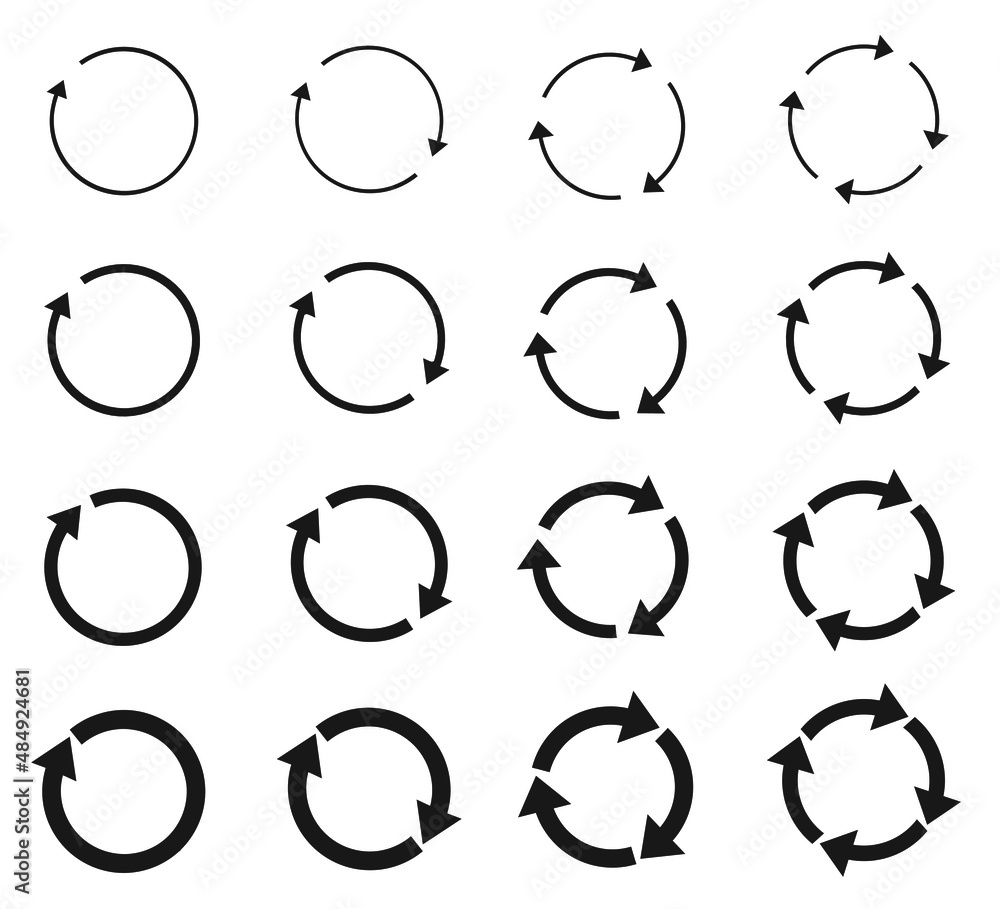 Poster set of circle arrows rotating on white background. refresh, reload, recycle, loop rotation sign coll