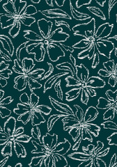 Scribbled flowers with leaves seamless repeat pattern. Abstract, vector botany floral all over surface print on dark green background.