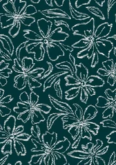 Foto op Plexiglas Scribbled flowers with leaves seamless repeat pattern. Abstract, vector botany floral all over surface print on dark green background. © MoJX.Studio