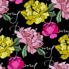 Vector Pink and yellow peony flower. Engraved ink art. Seamless background pattern. Fabric wallpaper print texture.