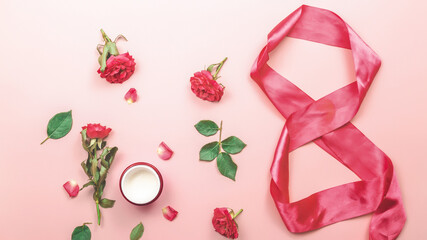 Womens day present. set of professional decorative cosmetics, makeup tools and accessory on colorful background. beauty and fashion concept. flat lay composition, top view
