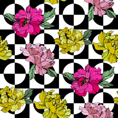 Vector Pink and yellow peony flower. Engraved ink art. Seamless background pattern. Fabric wallpaper print texture.