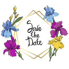 Vector Purple, blue and yellow flower. Frame border ornament square. Save the Date handwriting monogram calligraphy.