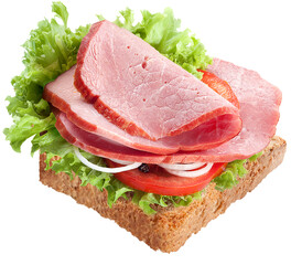 Wholegrain sandwich with salad, tomato and ham, bacon, onion, healthy food, breakfast