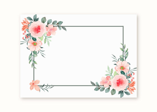 Greeting card with watercolor peach rose flower frame