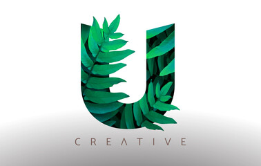 Botanical Green Eco Leaf Letter U Logo Design Icon made from Green Leafs that come out of the Letter.