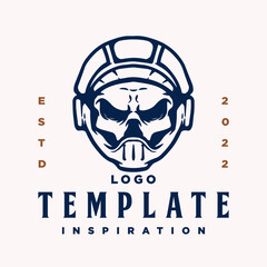 Emblem, Logo template with human skull head. Monochrome design element with human skull and motorcycle helmet. Gothic or horror concept for label, stamp, tattoo template, esport logo