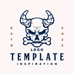 Emblem, Logo template with horned human skull head. Monochrome design element with stylized human skull and horn biting bone. Gothic or horror concept for label, stamp, tattoo template, esport logo