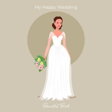 Bride in a beautiful dress with a bouquet of greeting card. Wedding invitation. Vector illustration in flat.