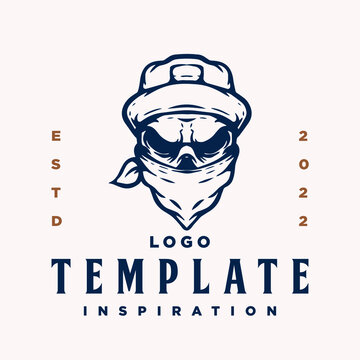 Emblem, Logo template with hipster human skull head. Monochrome design element with human skull and masked hat. Gothic or horror concept for label, stamp, tattoo template, esport logo