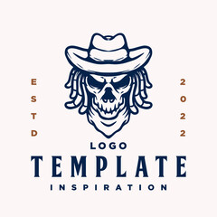 Emblem, Logo template with human skull head. Monochrome design element with human skull and dreadlocks hat. Gothic or horror concept for label, stamp, tattoo template, esport logo