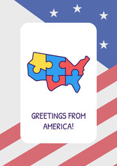 Obraz na płótnie Canvas Sending love from USA greeting card with color icon element. American flag. Postcard vector design. Decorative flyer with creative illustration. Notecard with congratulatory message