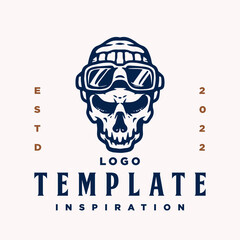 Emblem, Logo template with human skull head. Monochrome design element with human skull and snow goggle hat. Gothic or horror concept for label, stamp, tattoo template, esport logo