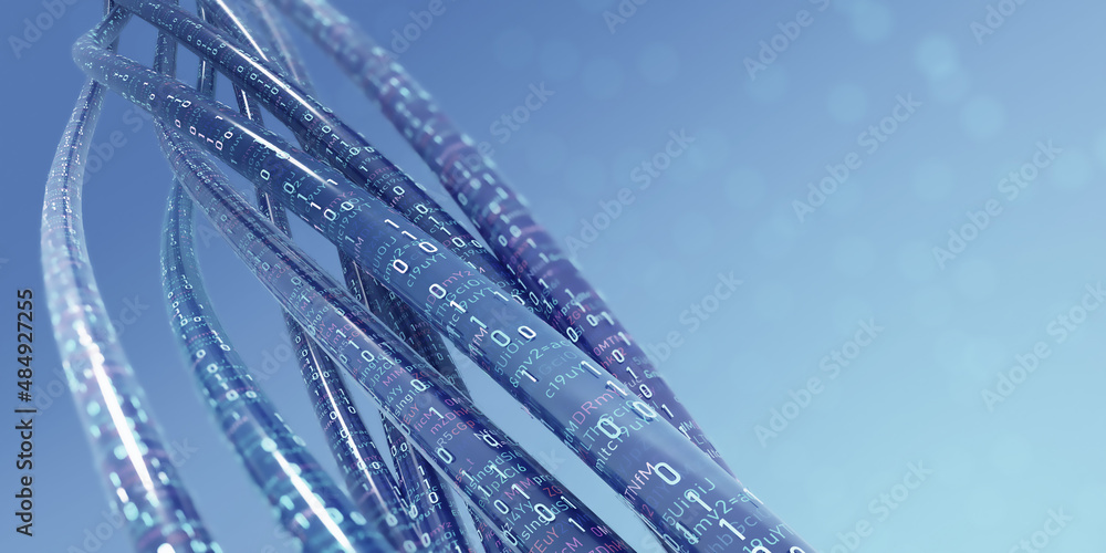 Poster High speed internet connection. Encoded data stream 3D illustration. Big data analytics. Protected databases. Structured cyberspace of individual digital archives