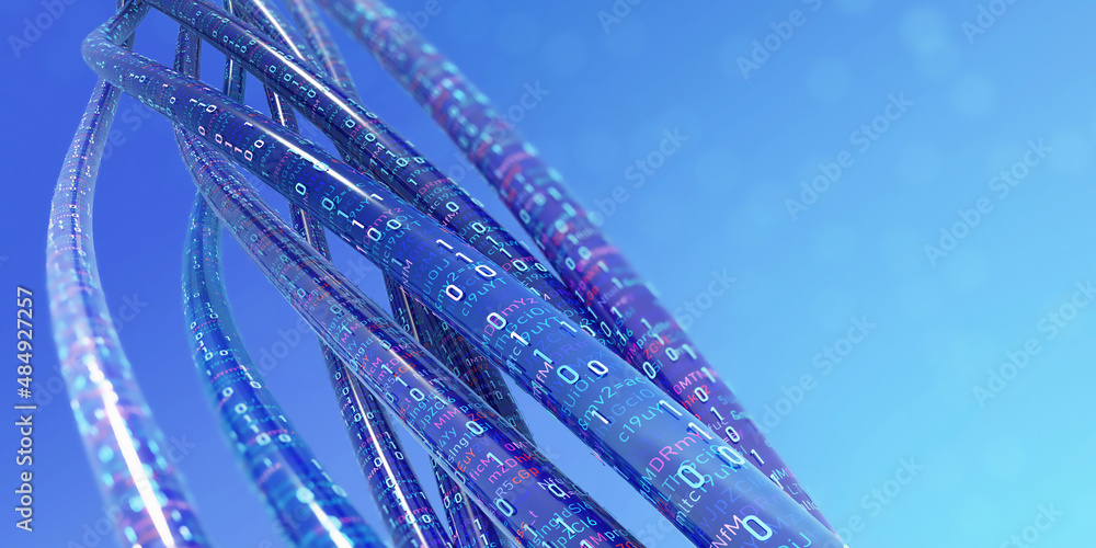 Poster High speed internet connection. Encoded data stream 3D illustration. Big data analytics. Protected databases. Structured cyberspace of individual digital archives