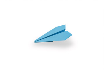 Side view of a flying blue paper airplane, isolated on a white background