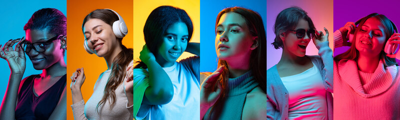 Obraz premium Collage of portraits of young emotional people on multicolored background in neon. Concept of human emotions, facial expression, sales.