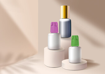 Beauty mockup. Set bottle of glue. Exhibition podium. Tropical leaf shadow. 3D rendering. Beige background
