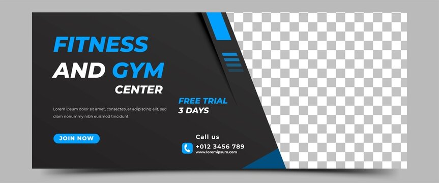 Gym, fitness, and sports horizontal banner template design. A dark background color with abstract blue shape ornament and place for the photo. Usable for banner, cover, and header.