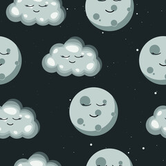 pattern with cloud and moon in the sky. night sky. cheerful faces at the moon and clouds. vector illustration, eps 10.